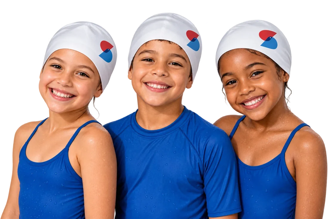 Smiling Schich students in their swim caps